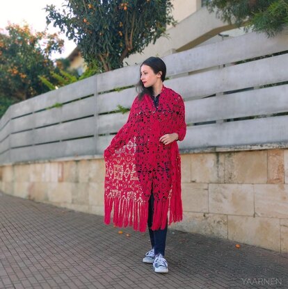 Crochet motif shawl with fringe