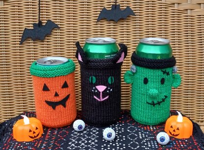 PDF Spooky DK Halloween knitting pattern Can Sleeve Koozie/Cosy Gift NOVELTY Treat Cup.  Pumpkin/Frankenstein/Witch's Cat