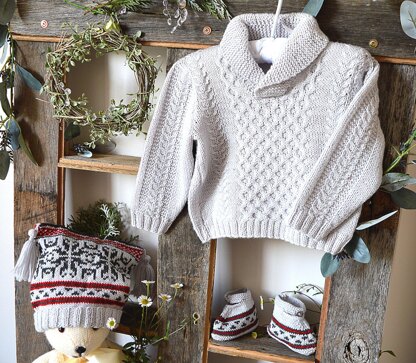 Baby Sweater (Cables & Shawl Collar) + Fair Isle Hat and Boots - P015