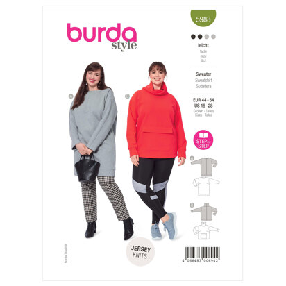 Burda Style Misses' Sweatshirts with Neckline Band or Roll Neck Collar B5988 - Sewing Pattern