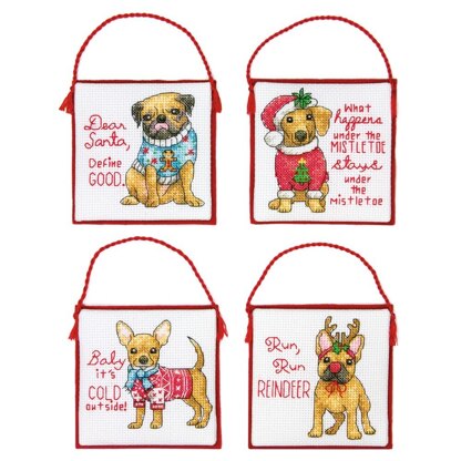 Dimensions Christmas Pups Cross Stitch Ornament Kit (4 pcs) - 9.5cm x 9.5cm