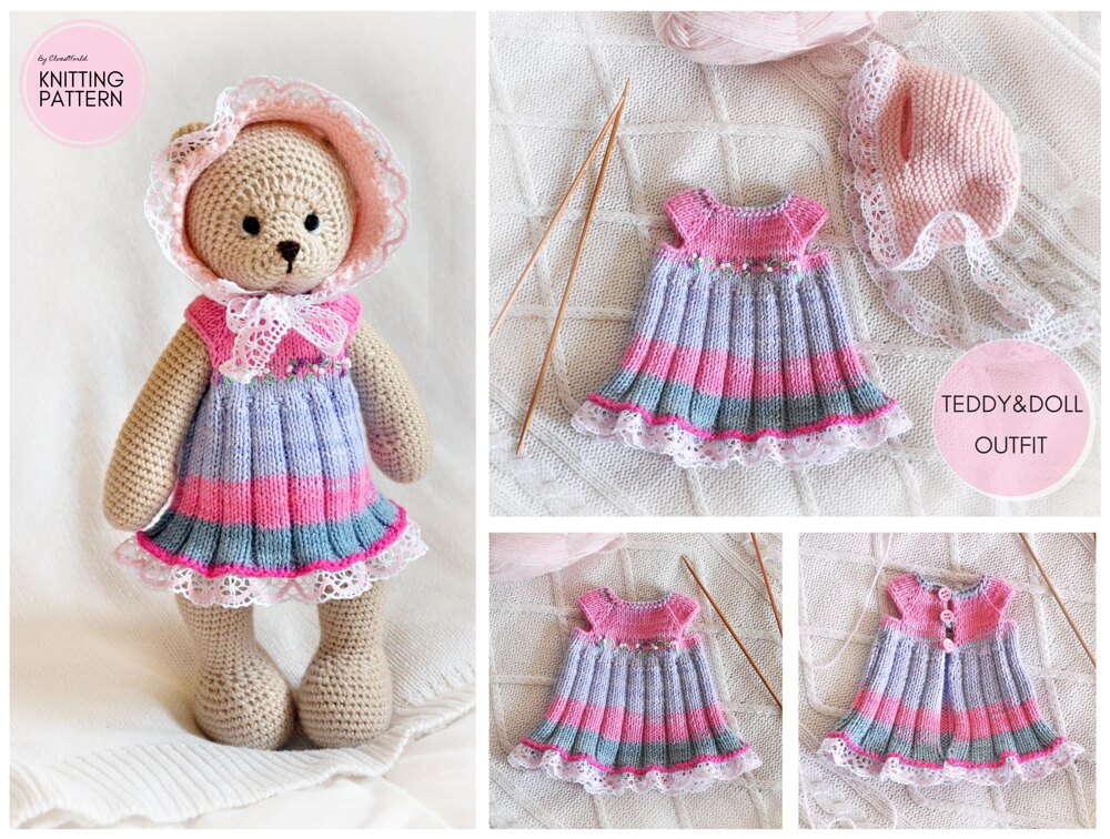 Teddy Bear and Doll Clothes Dress and Bonnet Knitting pattern by ElvesWorld LoveCrafts