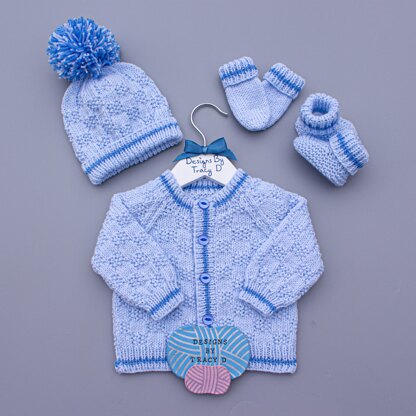 Max Unisex Cardigan, Hats, Mitts & Booties 18 inch chest size.