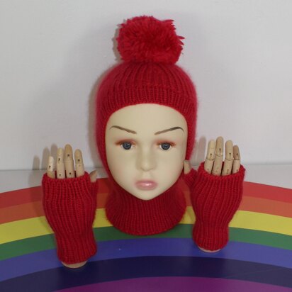 Toddler & Child Aran Rib Bobble Balaclava & Fingerless Gloves - knitting pattern