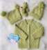 Harper unisex baby knitting pattern cardigan, 2 hats and booties 0-6mths