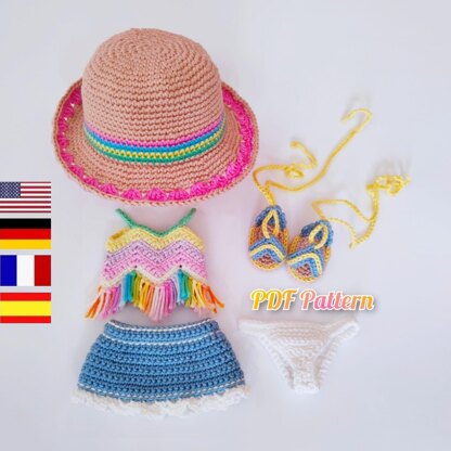 Doll clothes crochet pattern, summer outfit for Astrid, Amigurumi doll outfits in English, Deutsch, Français, Spanish /Español