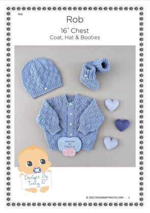 Rob Newborn Baby Cardigan Hat & booties Knitting Pattern