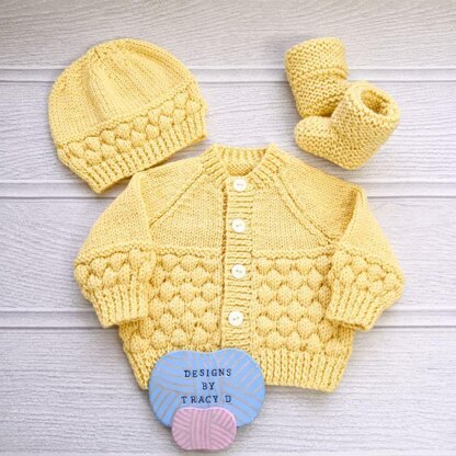 Annabeth Cardigan, Hat & Booties, 16-20 inch chest 0-12mths