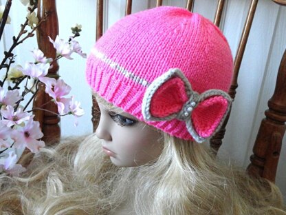 Knitting PATTERN Hat Knitted Girls Beanie Women Hat with Bow