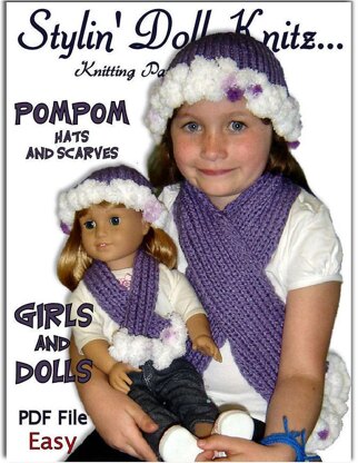 Matching Pompom hat and scarf for girls and 18 inch dolls (American Girl) 405