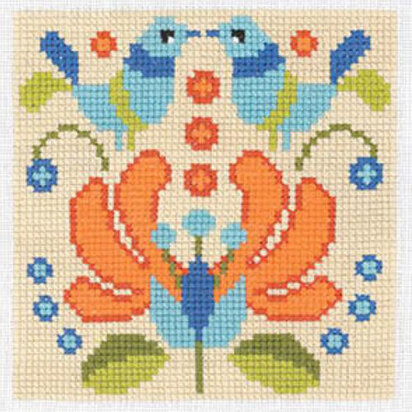Creative World of Craft Blossom & Bird Tile Folk Art Mini Cross Stitch Kit - 4 1/2 x 4 1/2"