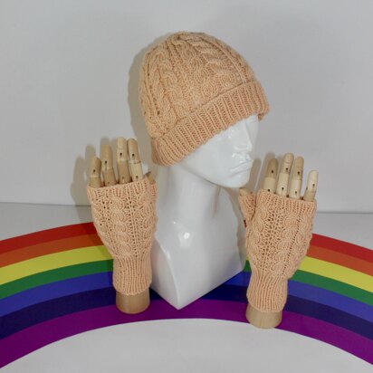 Adult Teen Aran Double cable Beanie Hat & Fingerless Gloves Circular