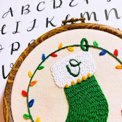 Custom Monogram Green Holiday Stocking Ornament - Christmas Embroidery Pattern