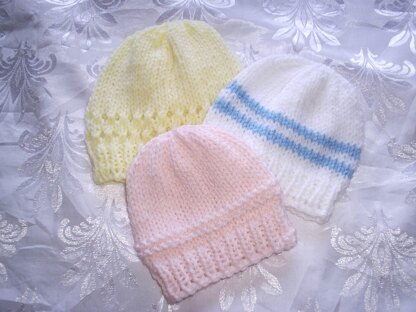 Baby Hat Trio - straight needles DK knitting pattern premature early small baby newborn-3 months