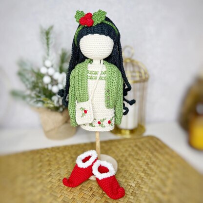 Crochet doll pattern, amigurumi doll with clothes, elf boots, doll outfit, doll dress, doll bag, Christmas Girl