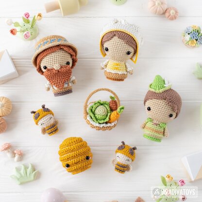 6-in-1 bee farm crochet pattern amigurumi by AradiyaToys mini kingdom beekeeper beehive basket of vegetables DIY handmade tutorial PDF file by AradiyaToys (Olka Novytska)