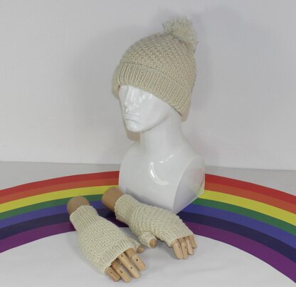 Adult Teen Aran Swirl Bobble Beanie Hat and Gloves