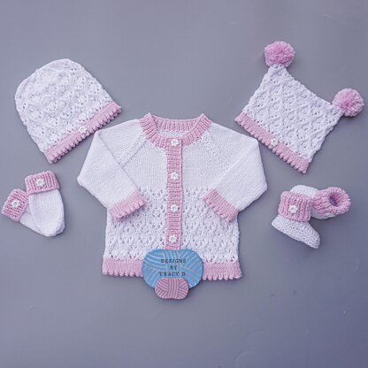 Raya  Baby Cardigan, Hats, Booties & Mitts knitting pattern 18 inch chest size