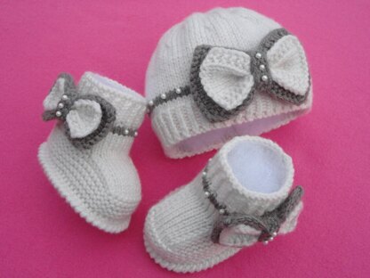 Knitting PATTERN Baby Set with Bows Baby Booties Baby Hat