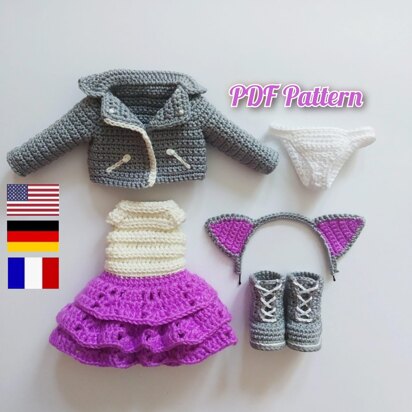 Crochet doll clothes pattern, Outfit for Astrid, Amigurumi doll outfits pattern for a doll 30 cm/11 inch (Deutsch, English, Français)