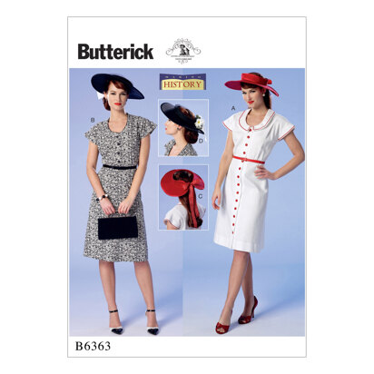 Butterick Kleider mit Knopfleiste und Flatterärmeln und Sonnenhut für Damen B6363 - Schnittmuster