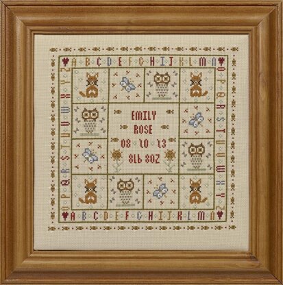 Historical Sampler Company Four Foxes Birth Sampler Cross Stitch Kit - 24cm x 24cm