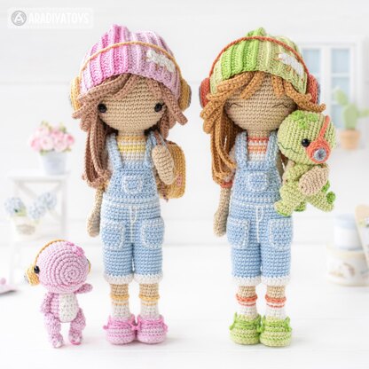 Crochet Doll Pattern for Amigurumi Doll Sadie with Melody Dino by AradiyaToys (Olka Novytska) tutorial PDF file overalls handmade DIY Amigurumi Pattern