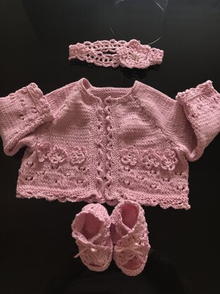 Babies first cotton cardigan , headband and sandal booties