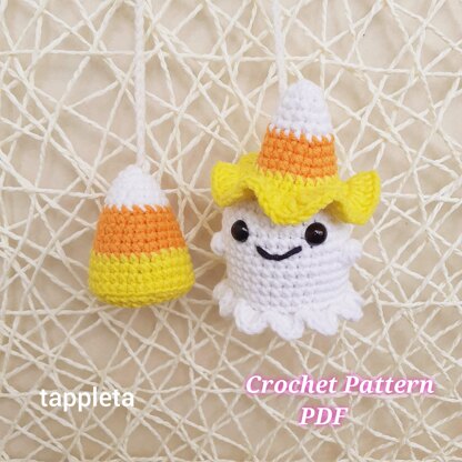 Ghost with Candy corn crochet car charm pattern, Candy corn crochet pattern, Candy corn ghost car rearview mirror hanging, Halloween crochet