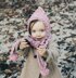 Pom-pom scarf with hoodie.