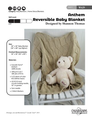 Reversible Baby Blanket in Cascade Yarns Anthem - W629 - Downloadable PDF