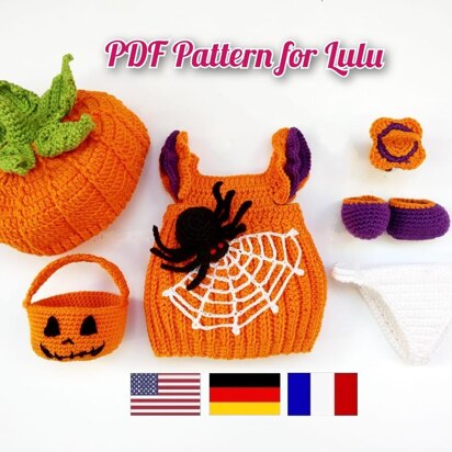 Halloween crochet doll clothes pattern, Amigurumi outfit crochet pattern for Lulu, Crochet doll outfit 12,6 inch/32 cm (English, Deutsch, Français)