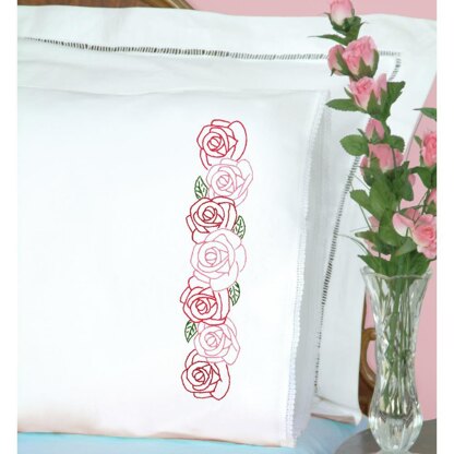 Jack Dempsey Stamped Pillowcases W White Lace Edge 2Pkg - Rose Garden