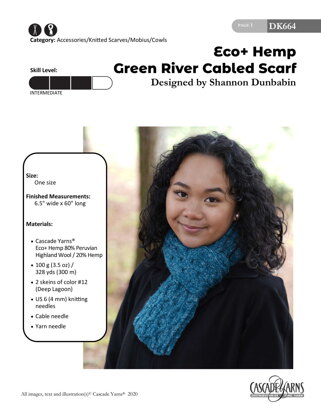 Green River Cabled Scarf in Cascade Yarns Eco+Hemp - DK664 - Downloadable PDF