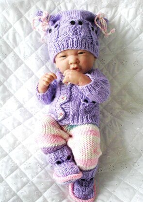 Knitting Pattern for 10&15 inch tall Dolls Owl motif cardigan, leggings,Hat and Boots