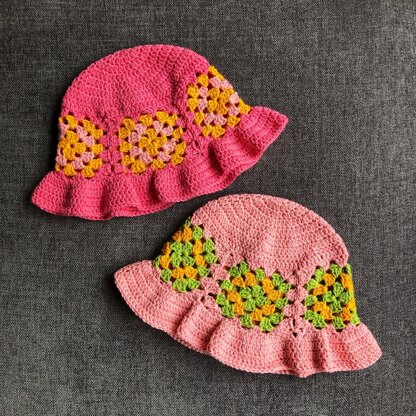 Crocheted granny squares floppy hat
