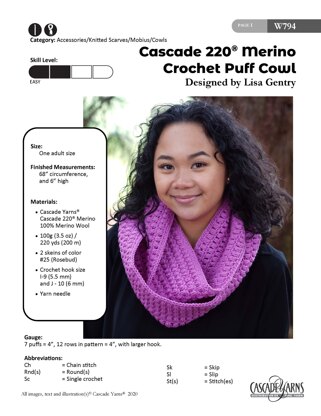 Crochet Puff Cowl in Cascade Yarns Cascade 220® Merino - W794 - Free PDF