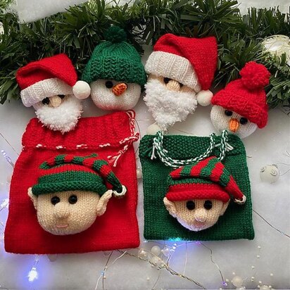 Christmas Character Goodie Bags 2 sizes - knitting pattern