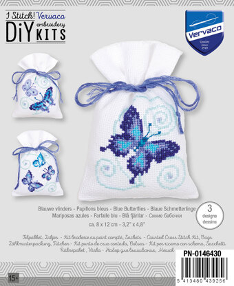 Vervaco Blue Butterflies Potpourri Bags - Pack of 3 Cross Stitch Kit - 8cm x 12cm