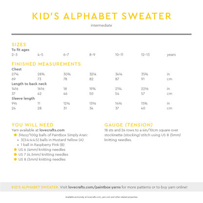 Kid's Alphabet Sweater - Free Jumper Knitting Pattern for Children in Paintbox Yarns Simply Aran 