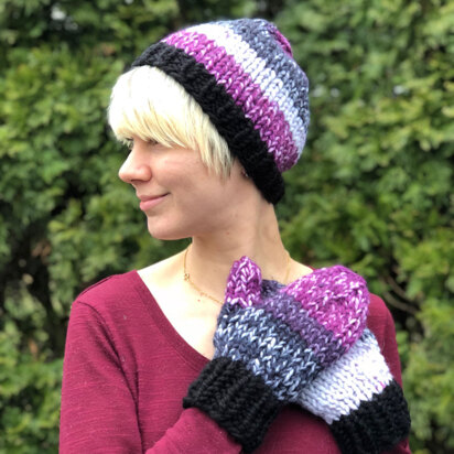 Ribbed Brim Hat & Mitts in Plymouth Yarn Mega Cakes & Encore Mega - F858 - Downloadable PDF