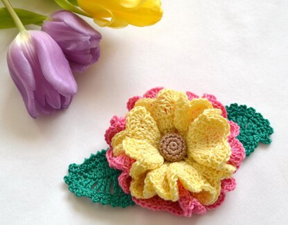 Crochet flower. Leaves applique. Flower embellishment. 3d crochet flower  decoration. Flower brooch Crochet pattern by Angelika Liusinska