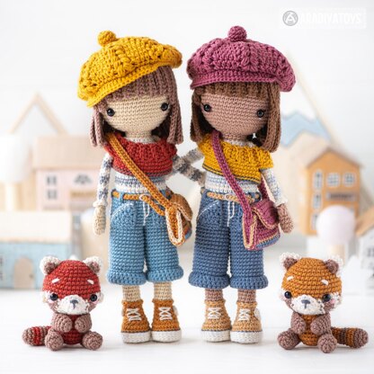Crochet doll pattern amigurumi Kimberly doll with red panda Roxy by AradiyaToys beret tutorial PDF file handmade DIY dolls crochet patterns by AradiyaToys (Olka Novytska)