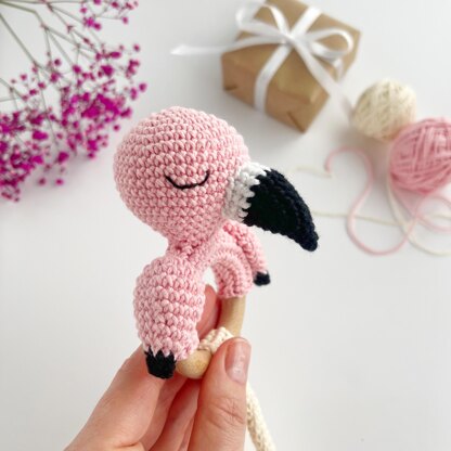 Flamingo crochet pattern baby rattle Amigurumi tether toy