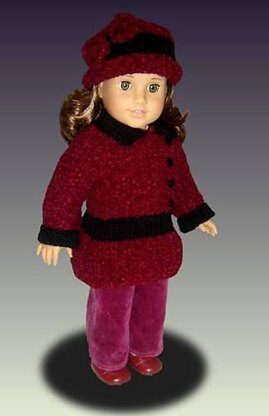 Knitting pattern that fits American Girl and 18 inch dolls. Faux Velvet Coat and Hat.