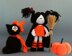 Halloween knitting patterns Sale : Black Cat in the orange Hat, Young Witch and Pumpkin - (knitted round)