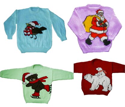 4 x Plus Size Christmas Jumper Knitting Patterns #15 Robin Santa Pola Bear Teddy