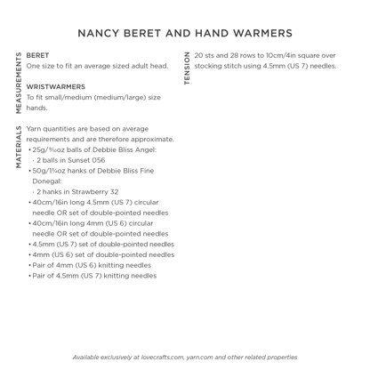 Nancy Beret & Hand Warmers - Knitting Pattern for Women in Debbie Bliss