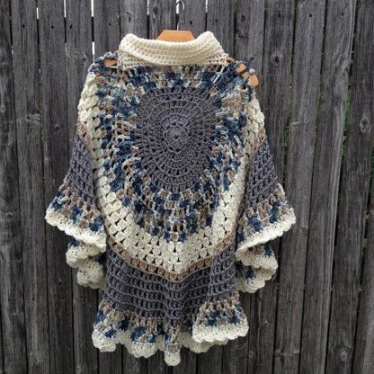 Blue Long Circular Asymmetric Poncho Shawl