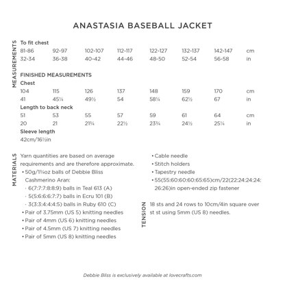 Anastasia Baseball Jacket - Knitting Pattern for Women in Debbie Bliss Cashmerino Aran